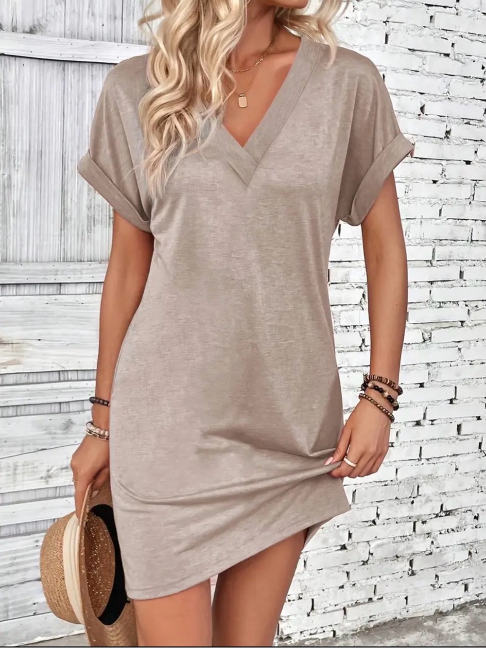 V-Neck Short Sleeve Taupe Shift Dress - Picture 3 of 4